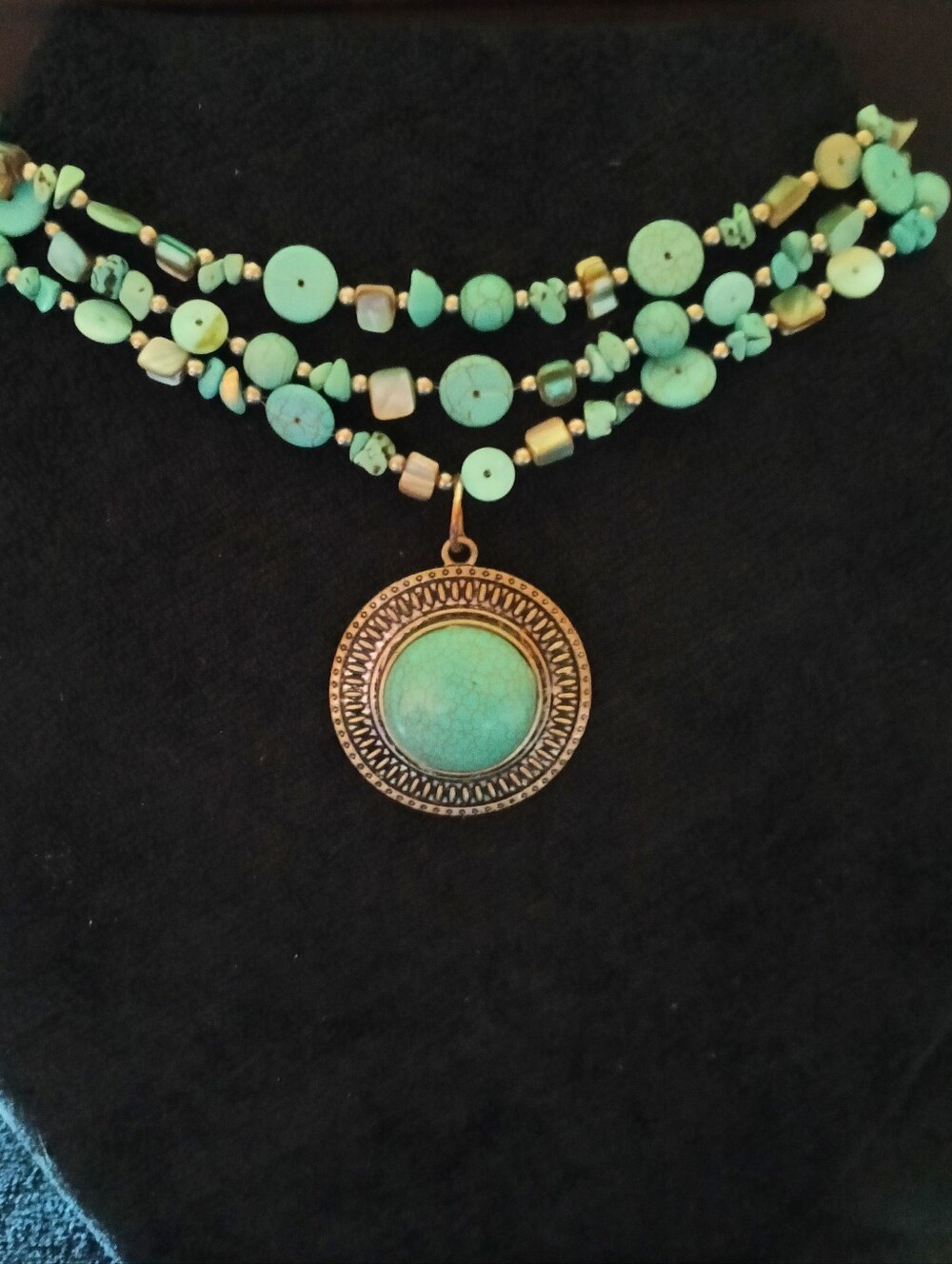 Vintage Multi-Strand Faux Turquoise And Shell Pendant Necklace
